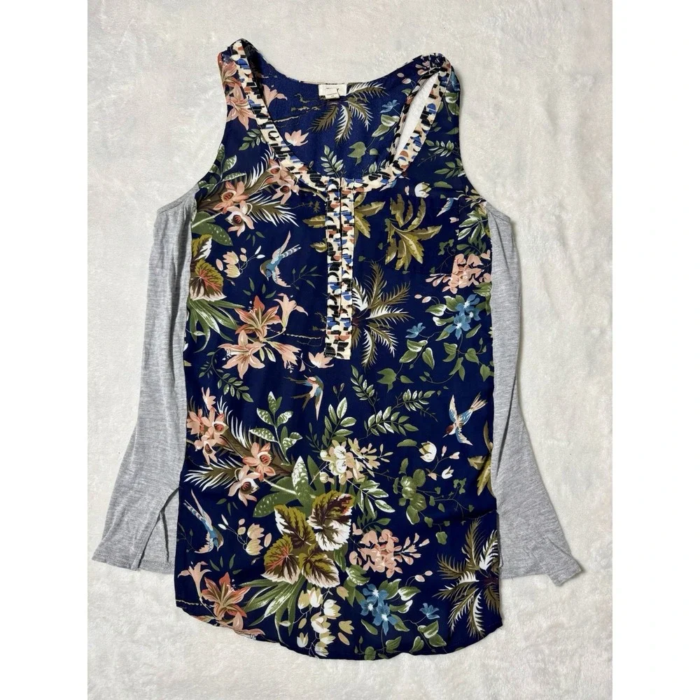 Tiny Anthropologie Zuma Navy Blue Gray Bird Floral Print Tank Top Blouse Size XS